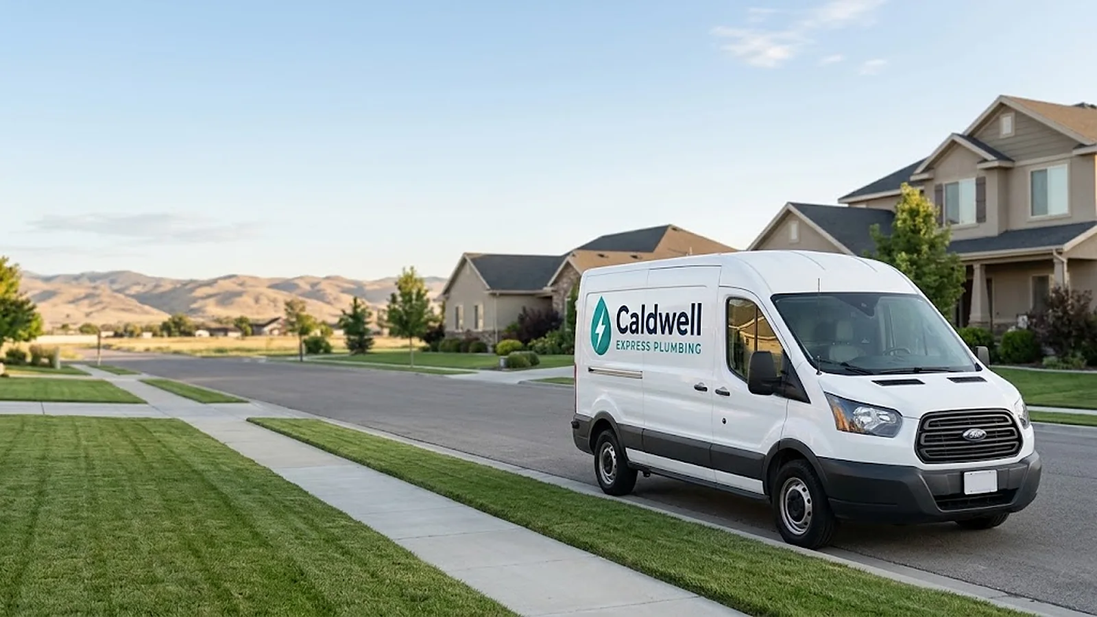 White Caldwell Express Plumbing service van parked on a quiet residential street in front of Caldwell area homes with foothills behind