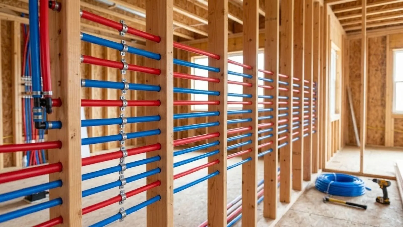 Open wall studs in a house frame with parallel red and blue PEX lines run across them and a coil of blue tubing on the floor.