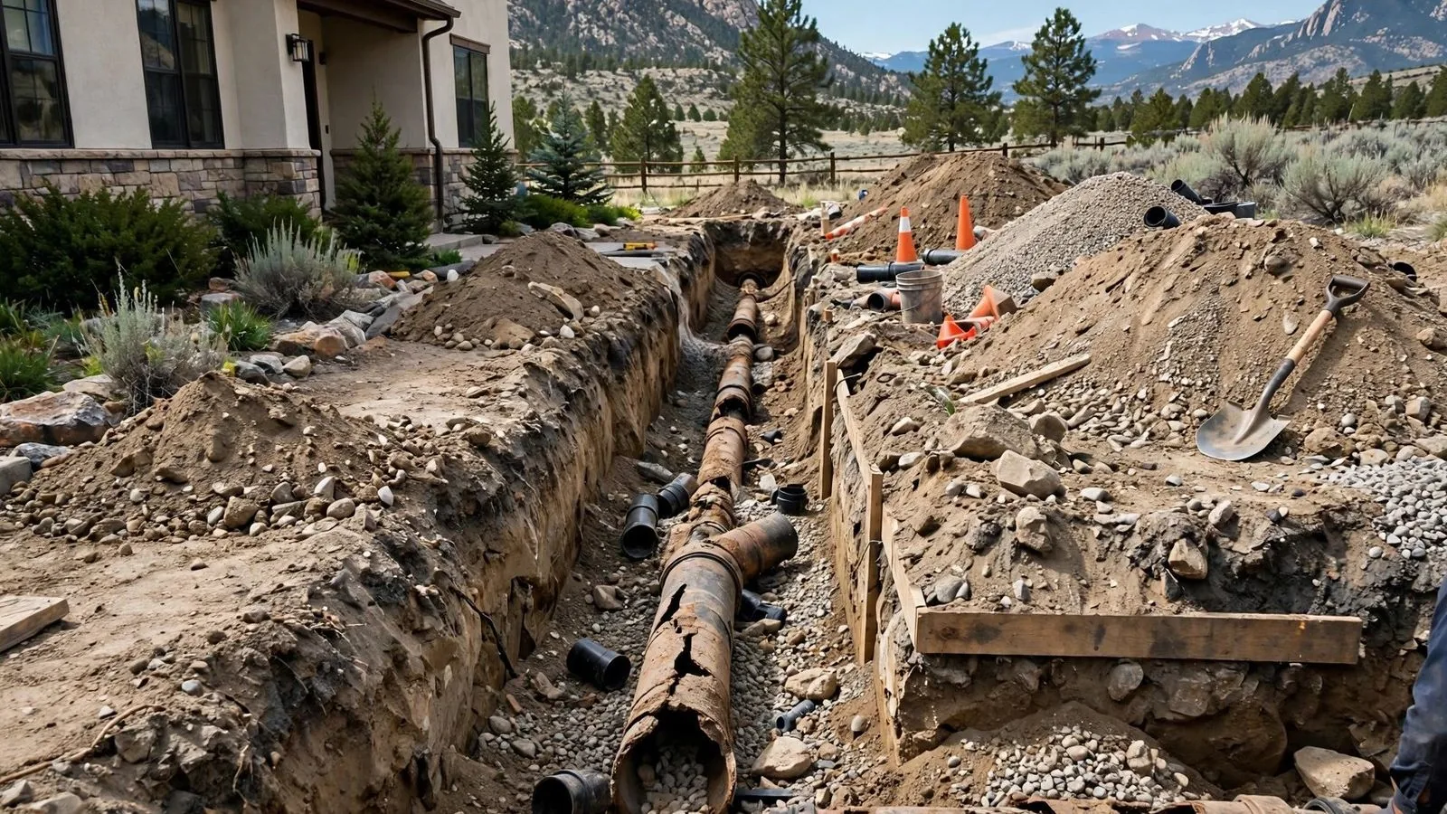 An open yard trench exposing a cracked old sewer pipe, with orange cones, a shovel and mountains in the distance.